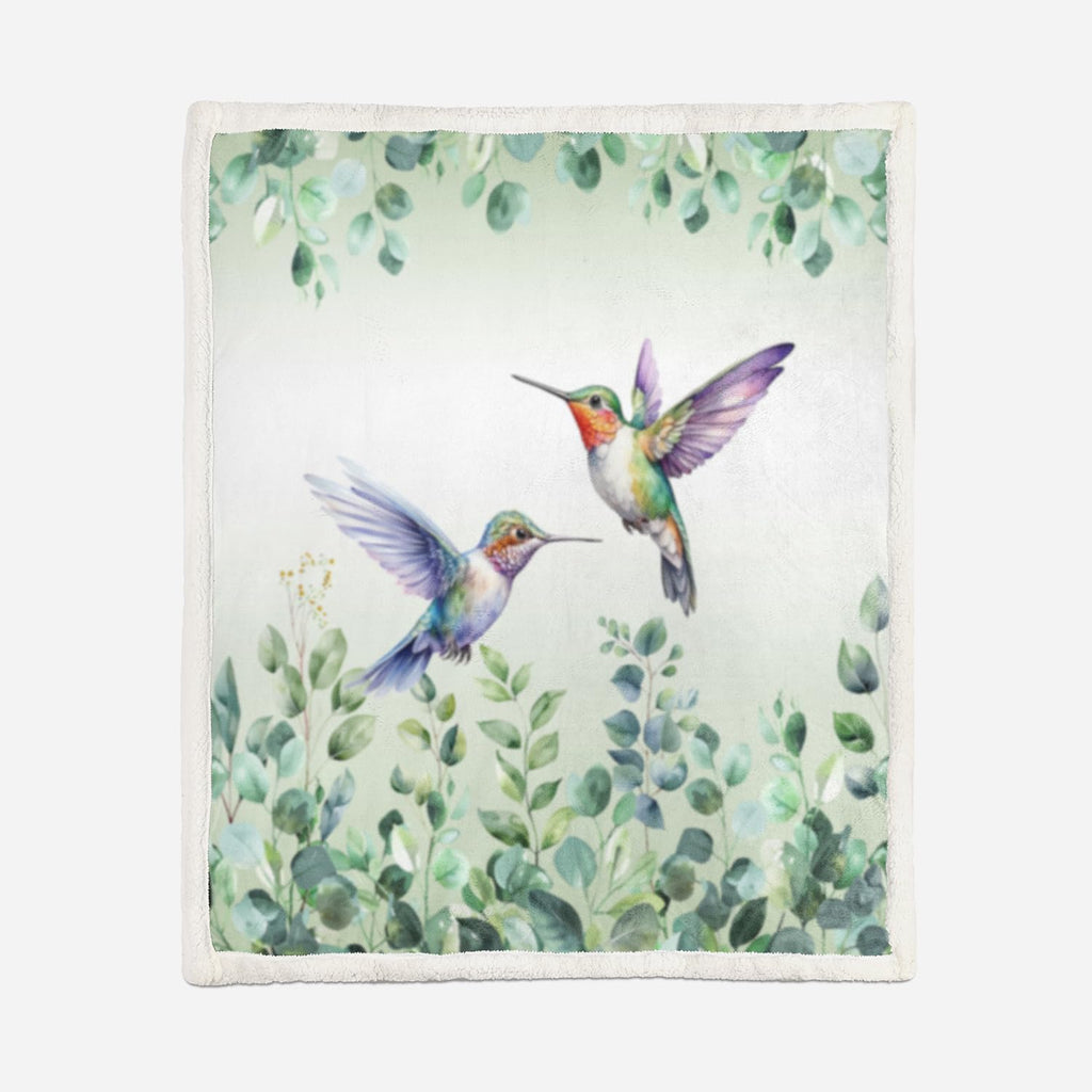 Green Boho Hummingbird Sherpa Throw Blanket