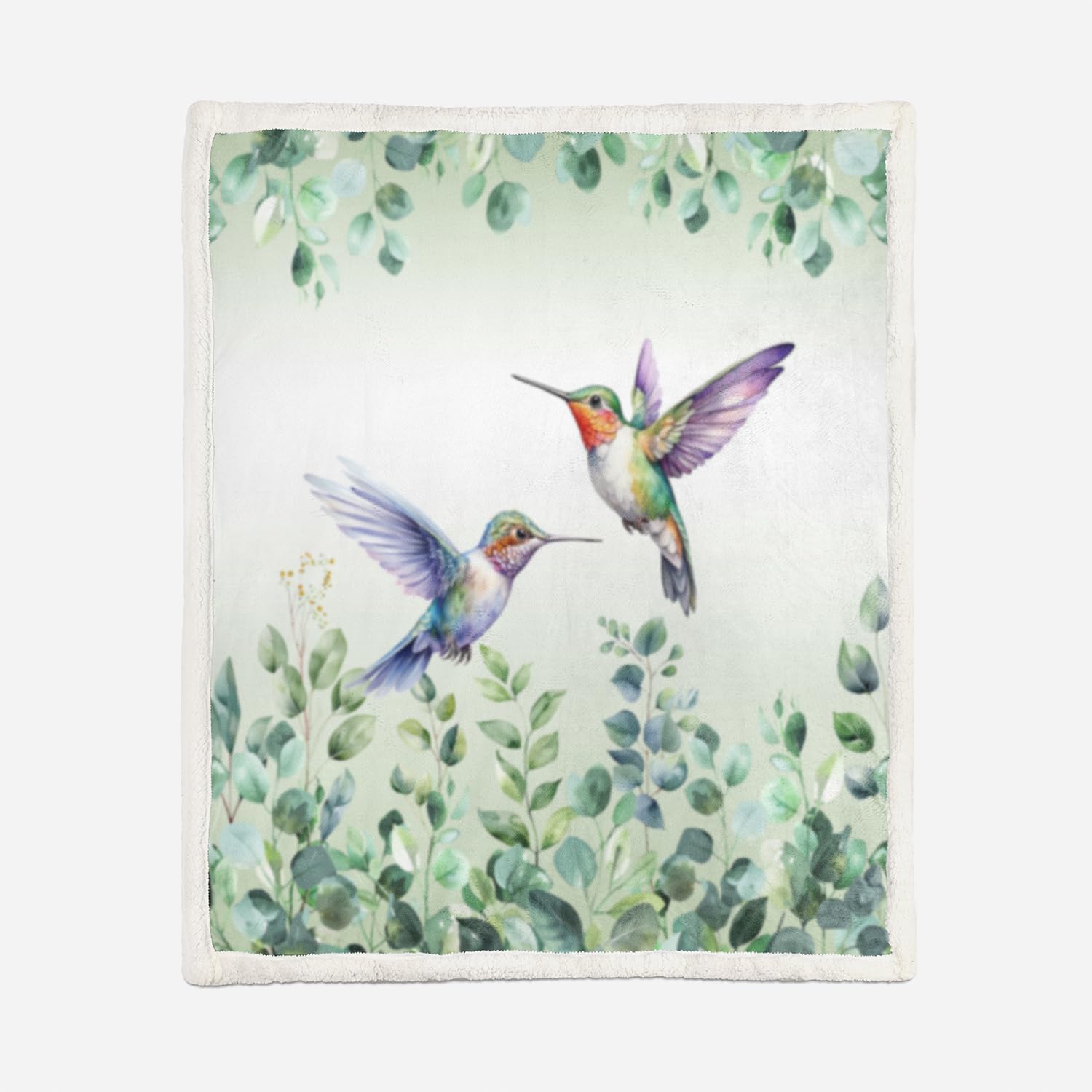 Green Boho Hummingbird Sherpa Throw Blanket
