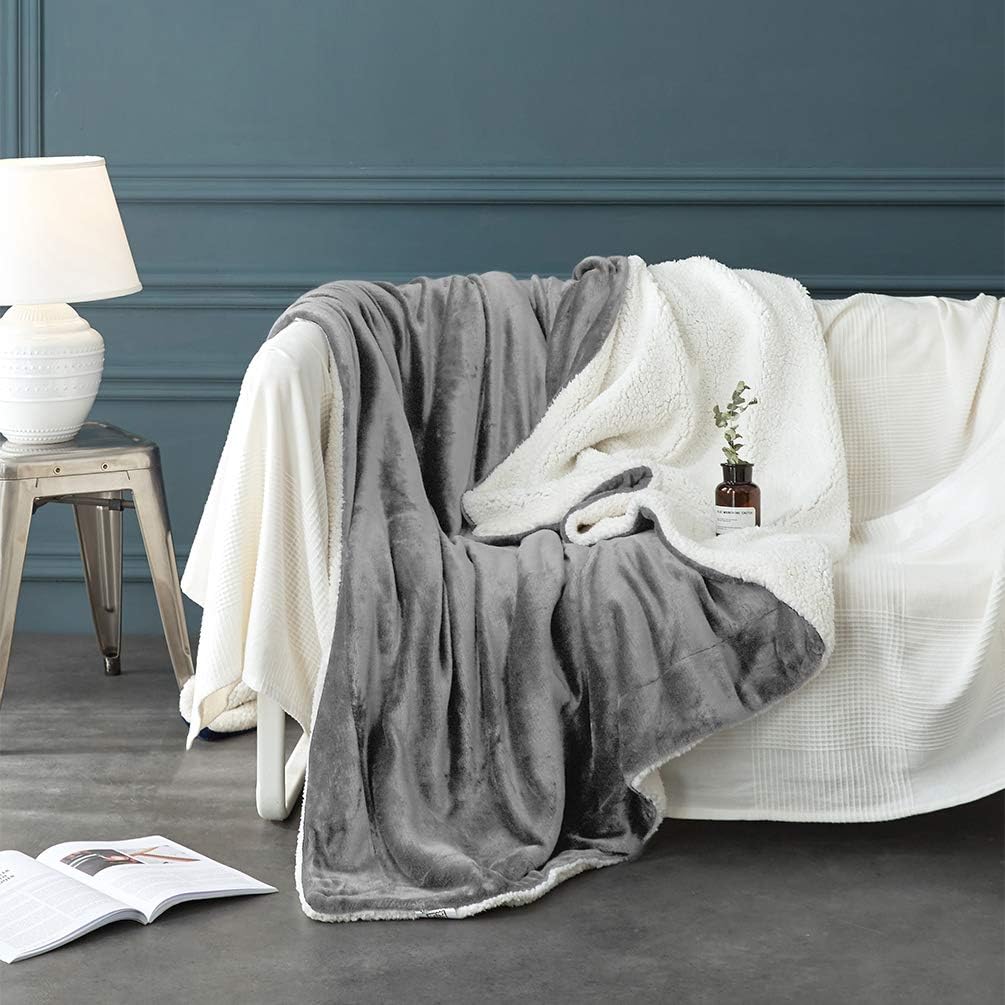 Grey Reversible King Size Sherpa Fleece Blanket