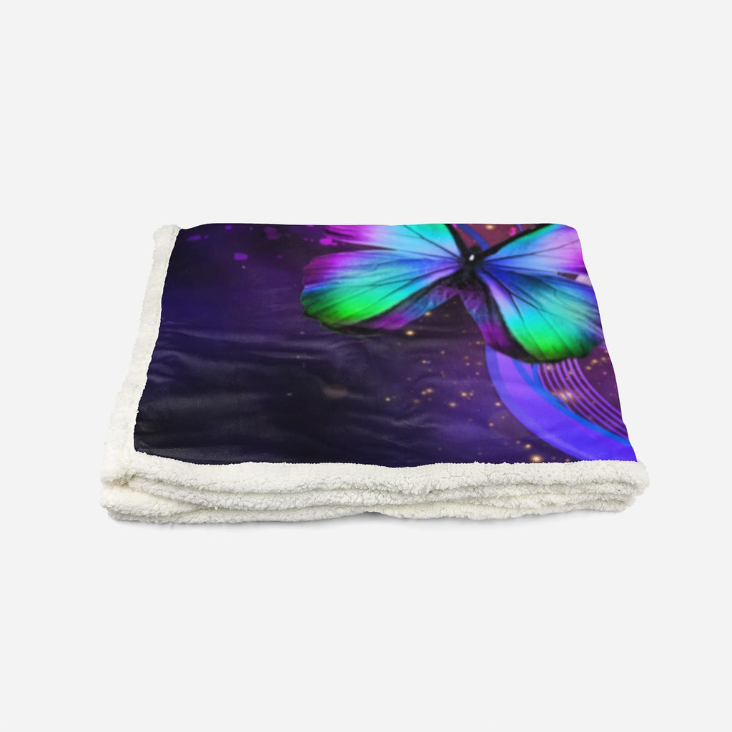 Deep Purple Sparkly Butterfly Sherpa Throw Blanket