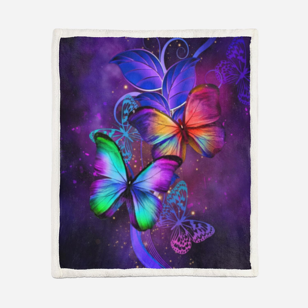 Deep Purple Sparkly Butterfly Sherpa Throw Blanket