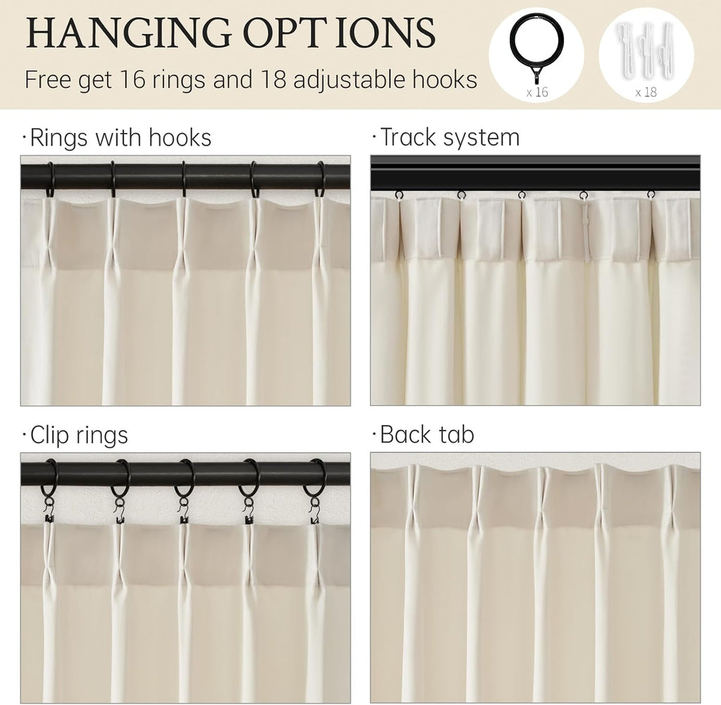 Neutral Beige White 40"X92" Velvet Pinch Pleated 2 Panels Curtains