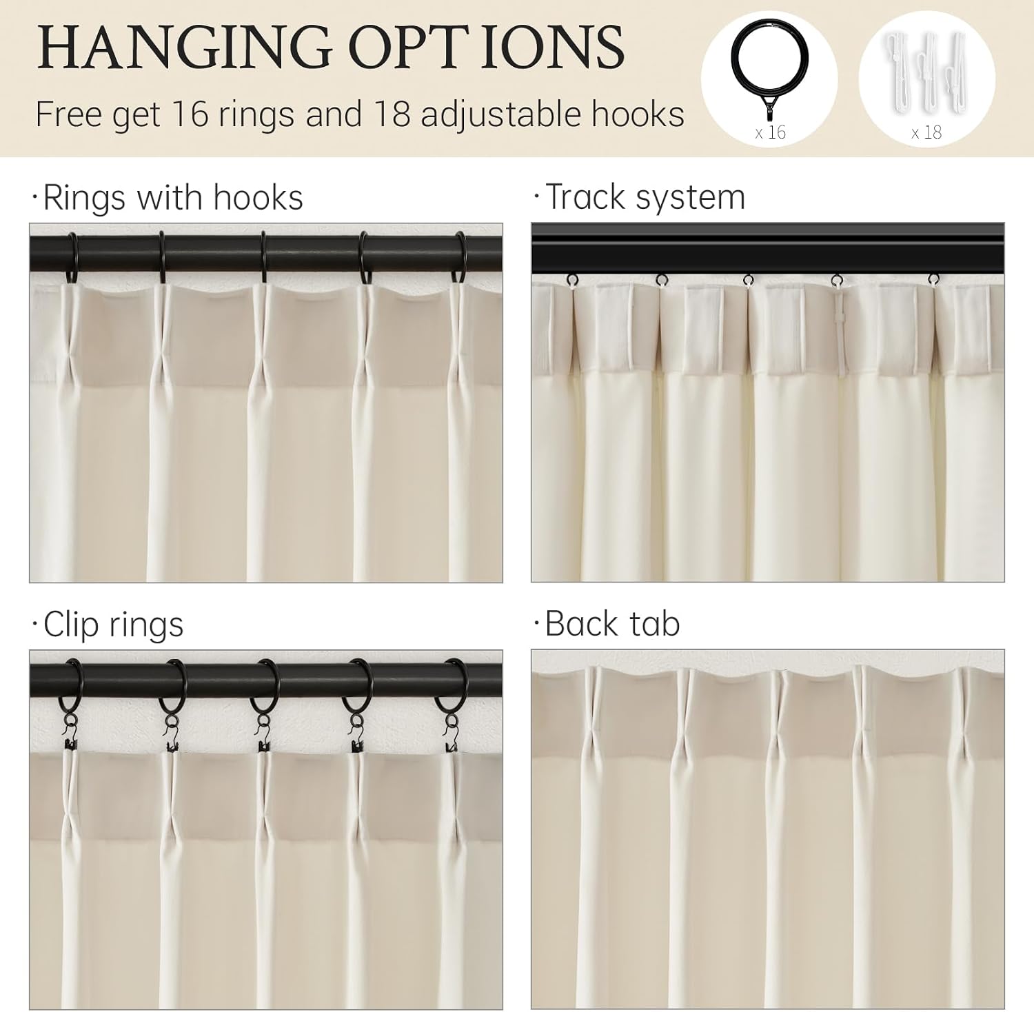 Neutral Beige White 40"X92" Velvet Pinch Pleated 2 Panels Curtains