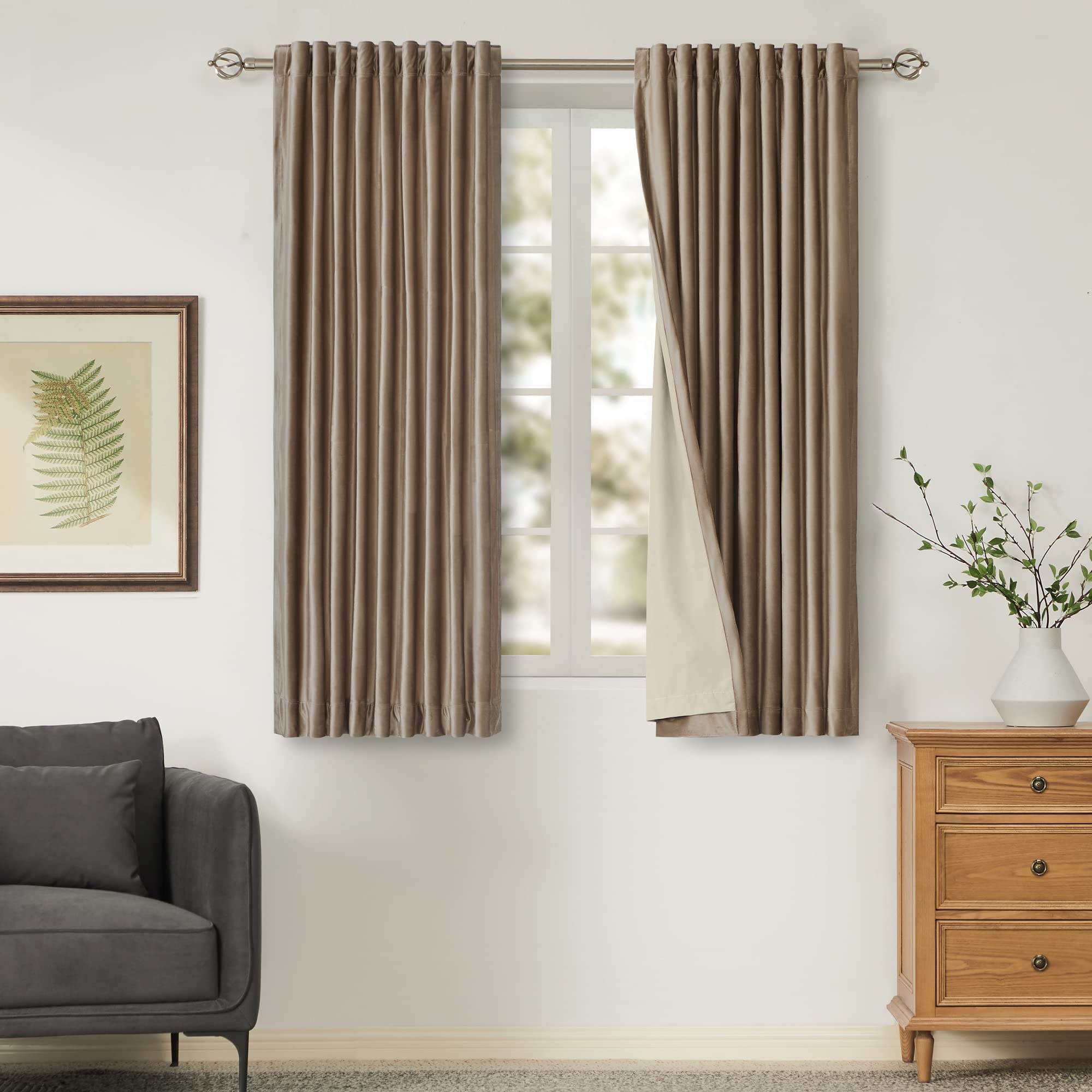 Taupe Velvet 84 Inch Blackout 2 Panels Window Curtains