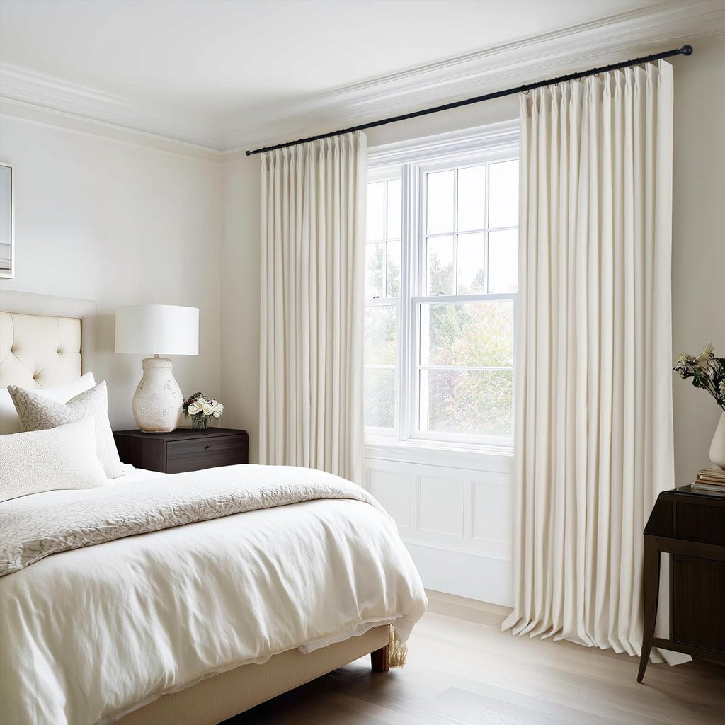 Neutral Beige White 40"X92" Velvet Pinch Pleated 2 Panels Curtains