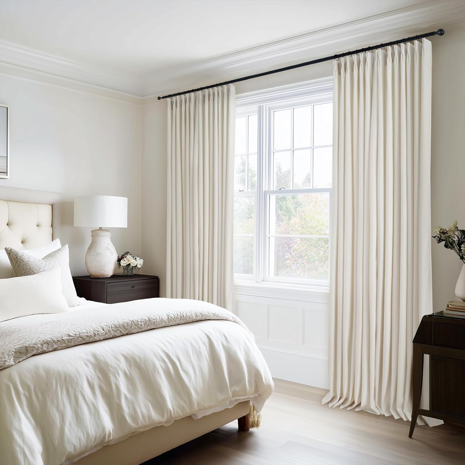 Neutral Beige White 40"X92" Velvet Pinch Pleated 2 Panels Curtains