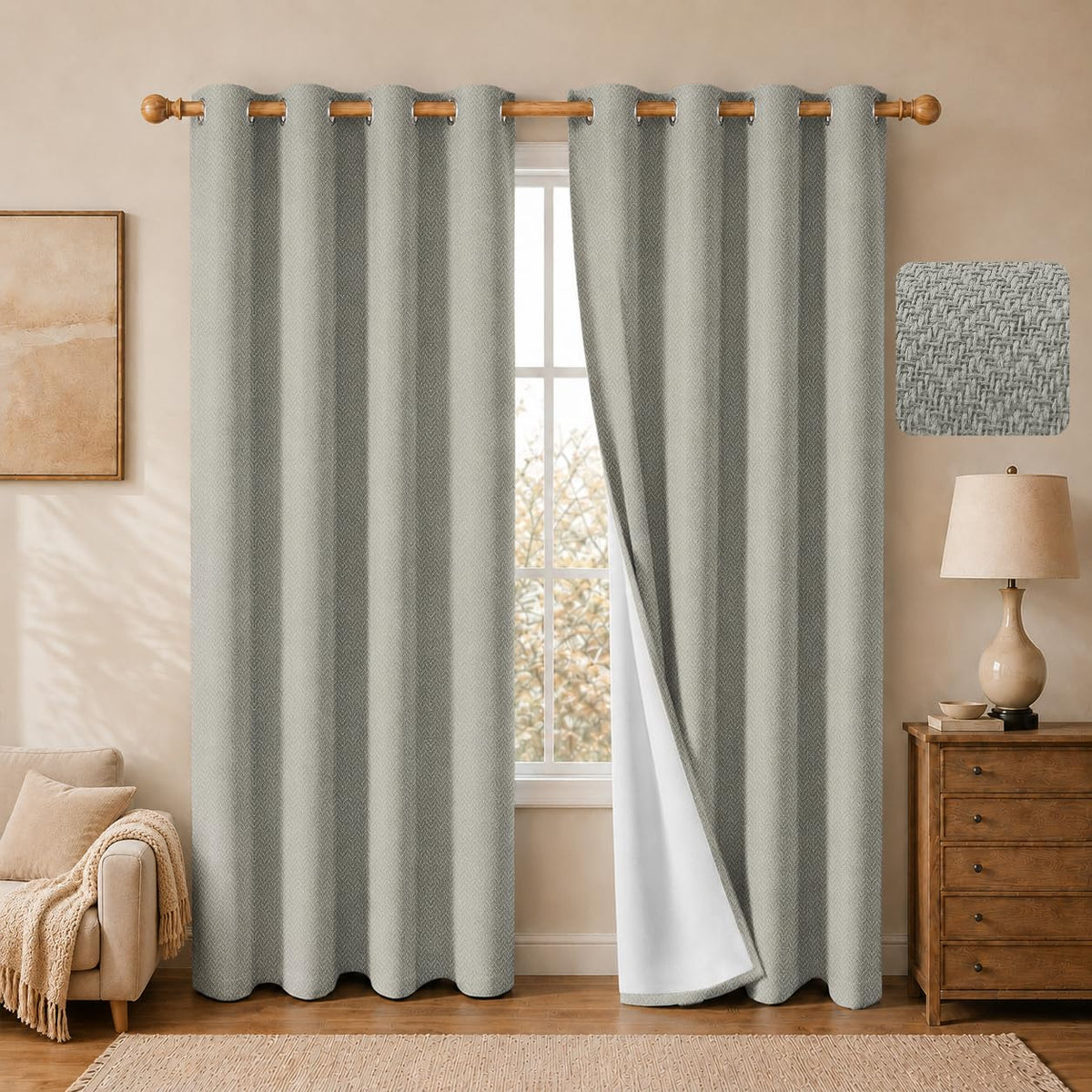 Linen Beige 54x84 Inch Herringbone Blackout 2 Panels Curtains