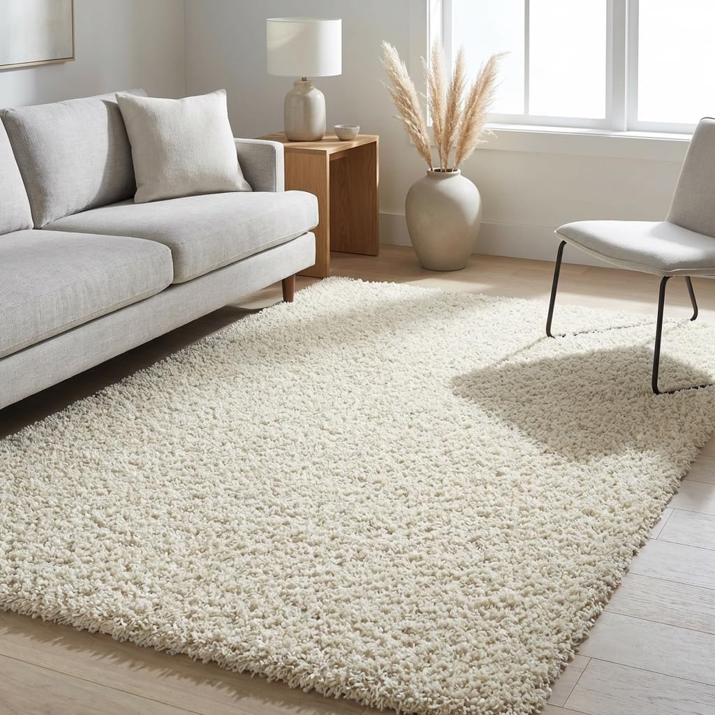 Pure Ivory Unique Loom Solid Shag 5'3"x8' Rectangle Area Rug
