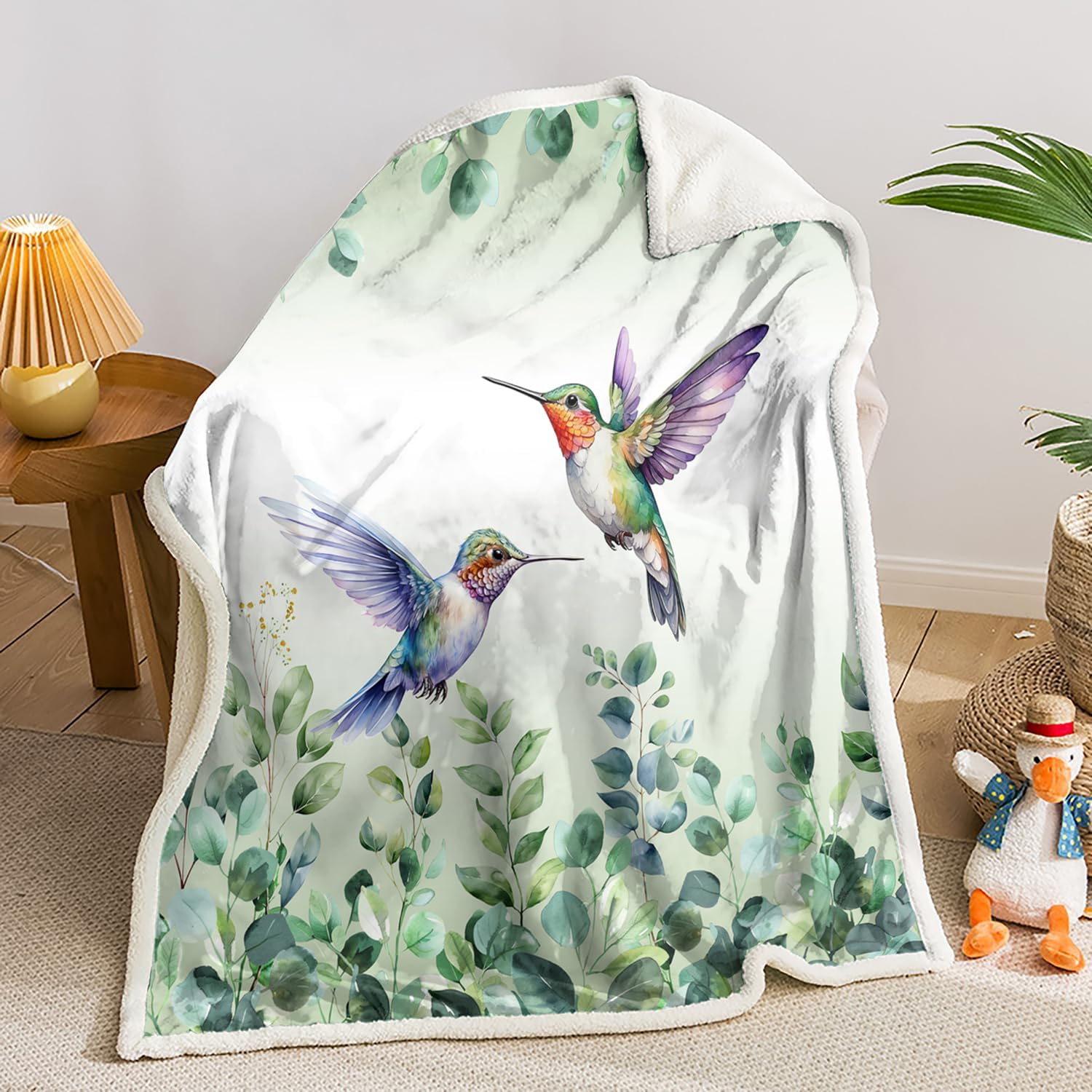 Green Boho Hummingbird Sherpa Throw Blanket