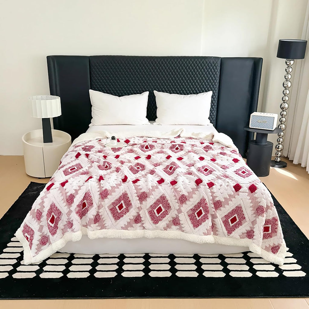 Rose Red Boho Aztec Sherpa Queen Blanket