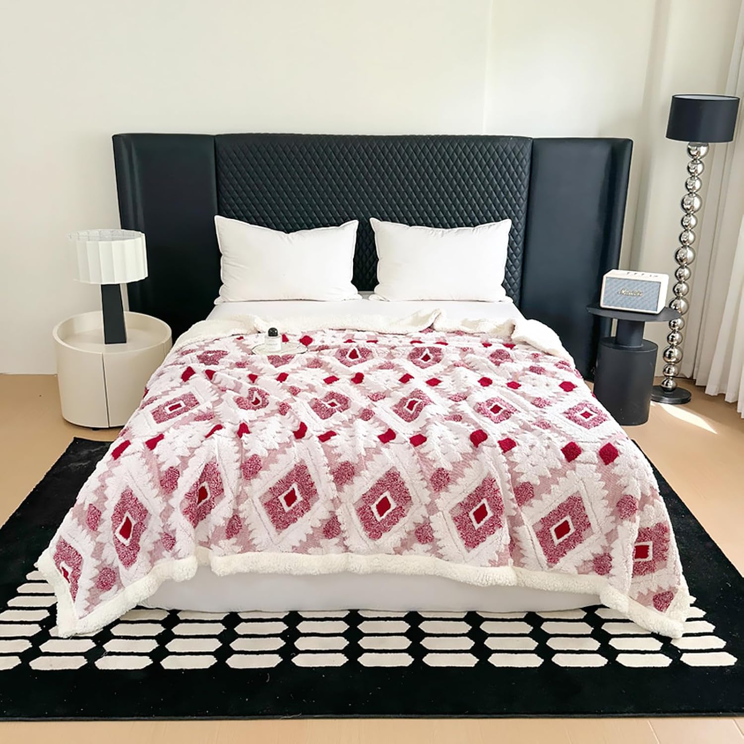 Rose Red Boho Aztec Sherpa Queen Blanket