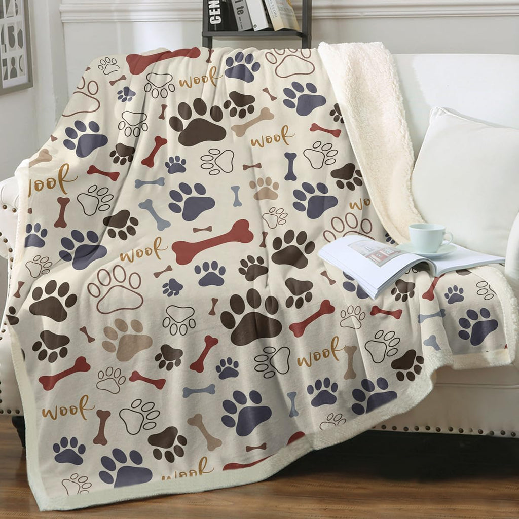 Light Yellow Dog Paw Print Sherpa Throw Blanket