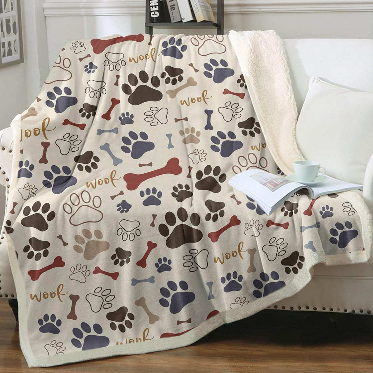 Light Yellow Dog Paw Print Sherpa Throw Blanket