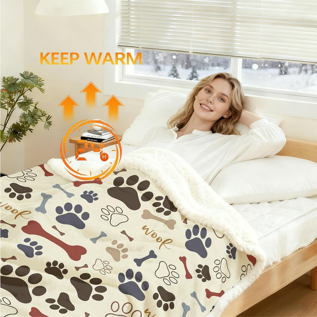 Light Yellow Dog Paw Print Sherpa Throw Blanket