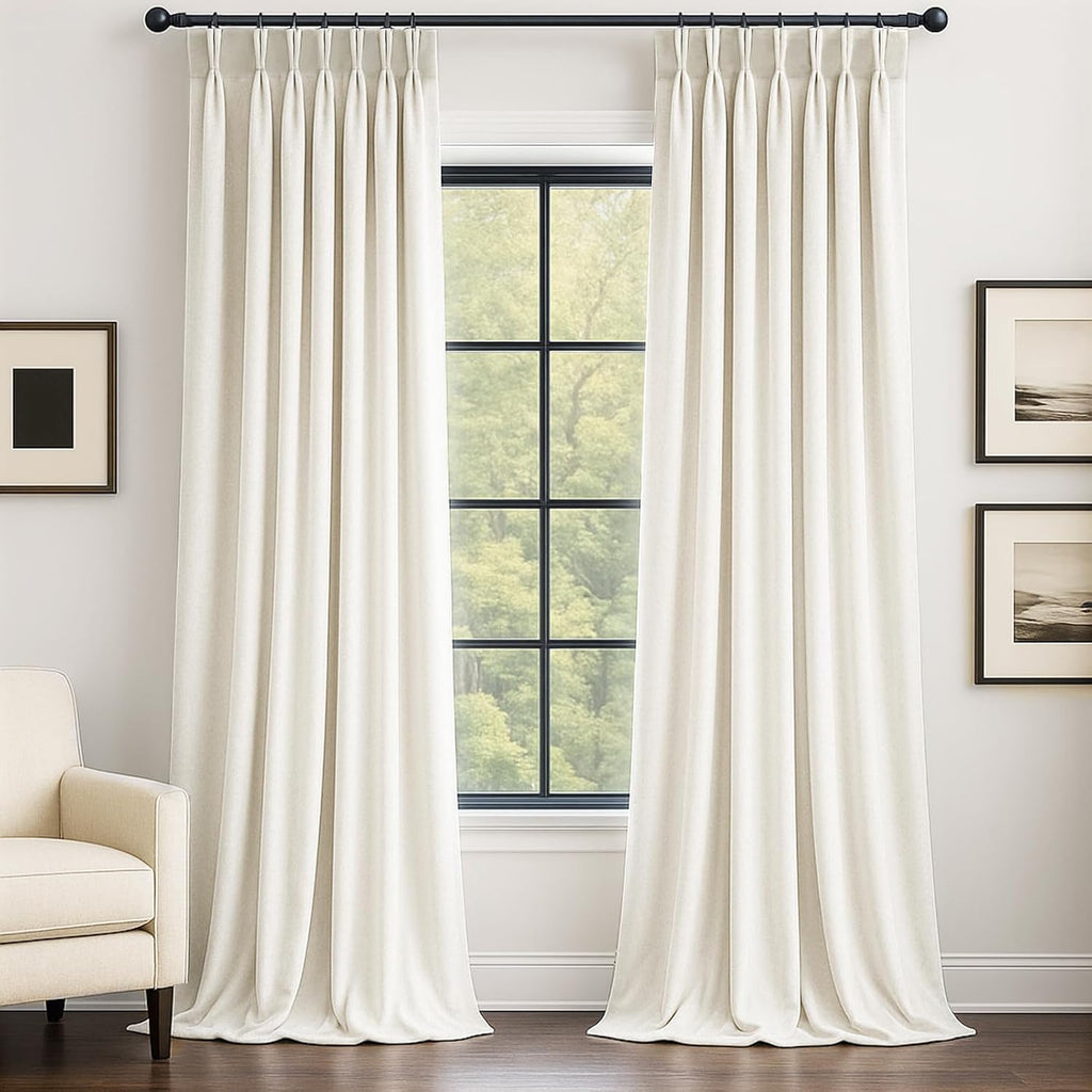 Neutral Beige White 40"X92" Velvet Pinch Pleated 2 Panels Curtains