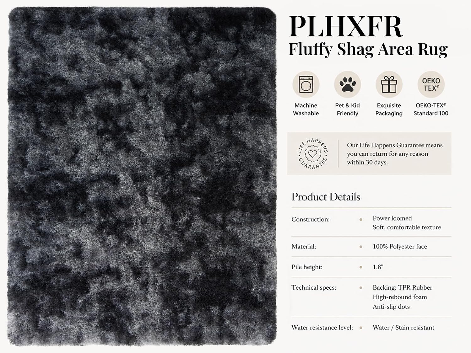 Black Grey 8x10 Non-Slip High Pile Shag Area Rug