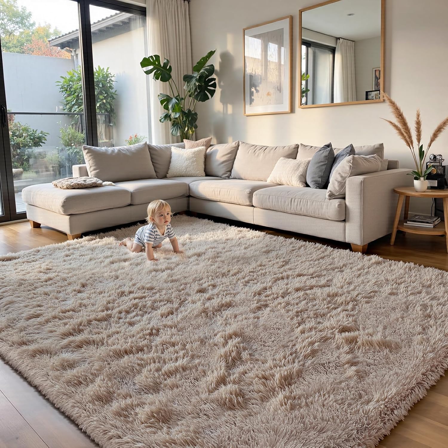 Beige 8x10 Anti-Skid Fluffy Shag Area Rug
