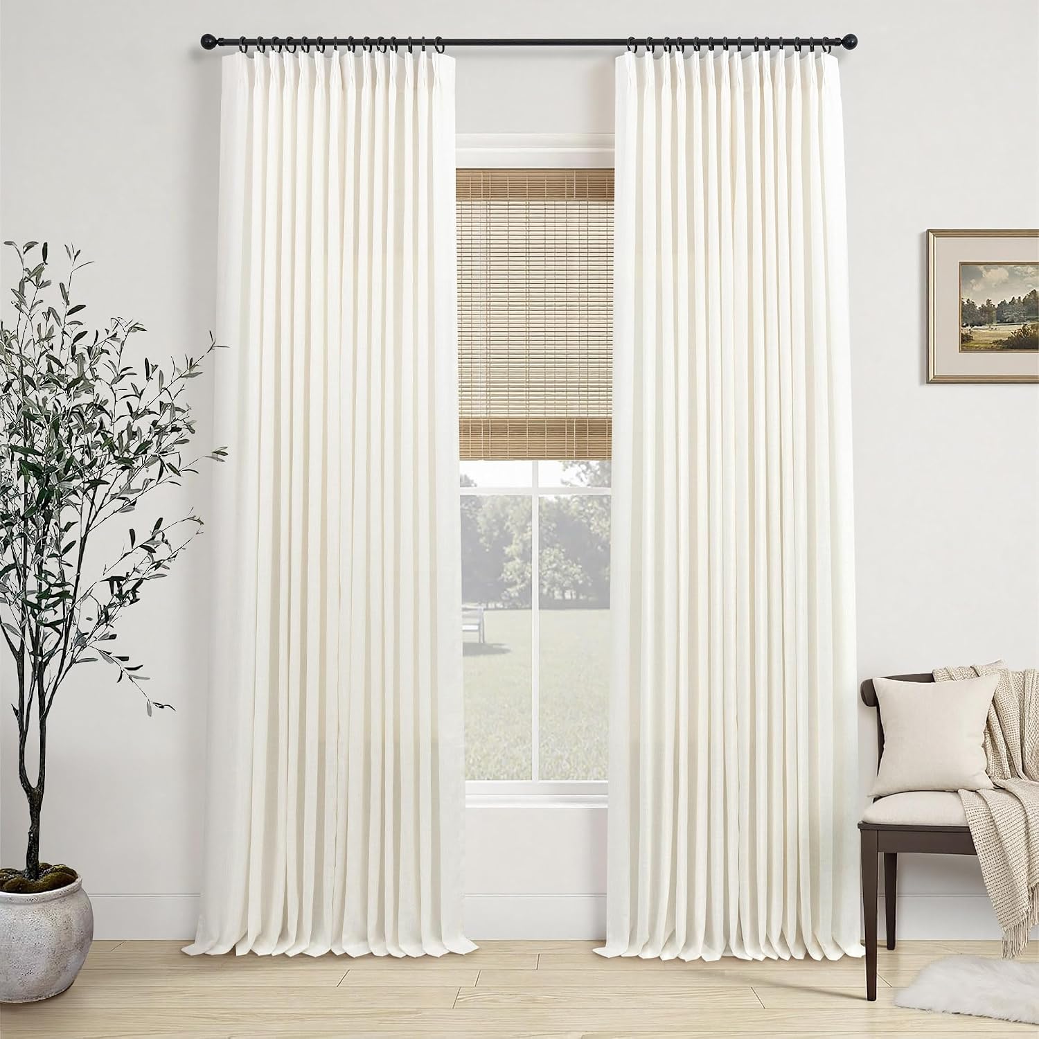 Cream 84 Inch 2 Panels Pinch Pleated Linen Curtains