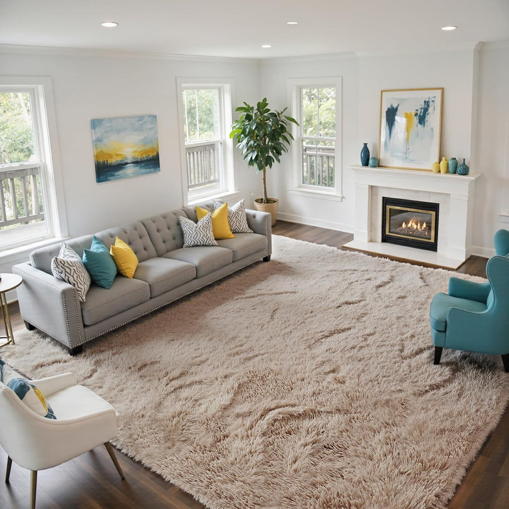 Beige 8x10 Anti-Skid Fluffy Shag Area Rug