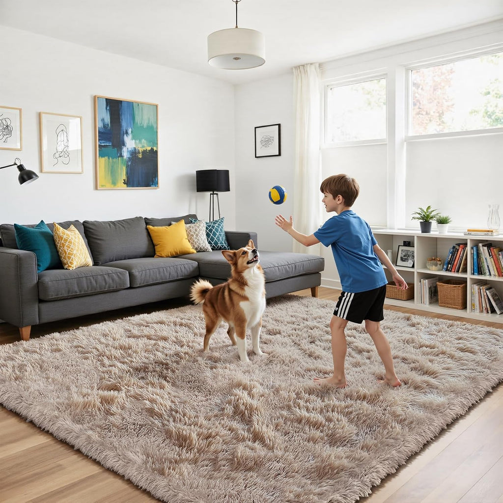 Beige 8x10 Anti-Skid Fluffy Shag Area Rug
