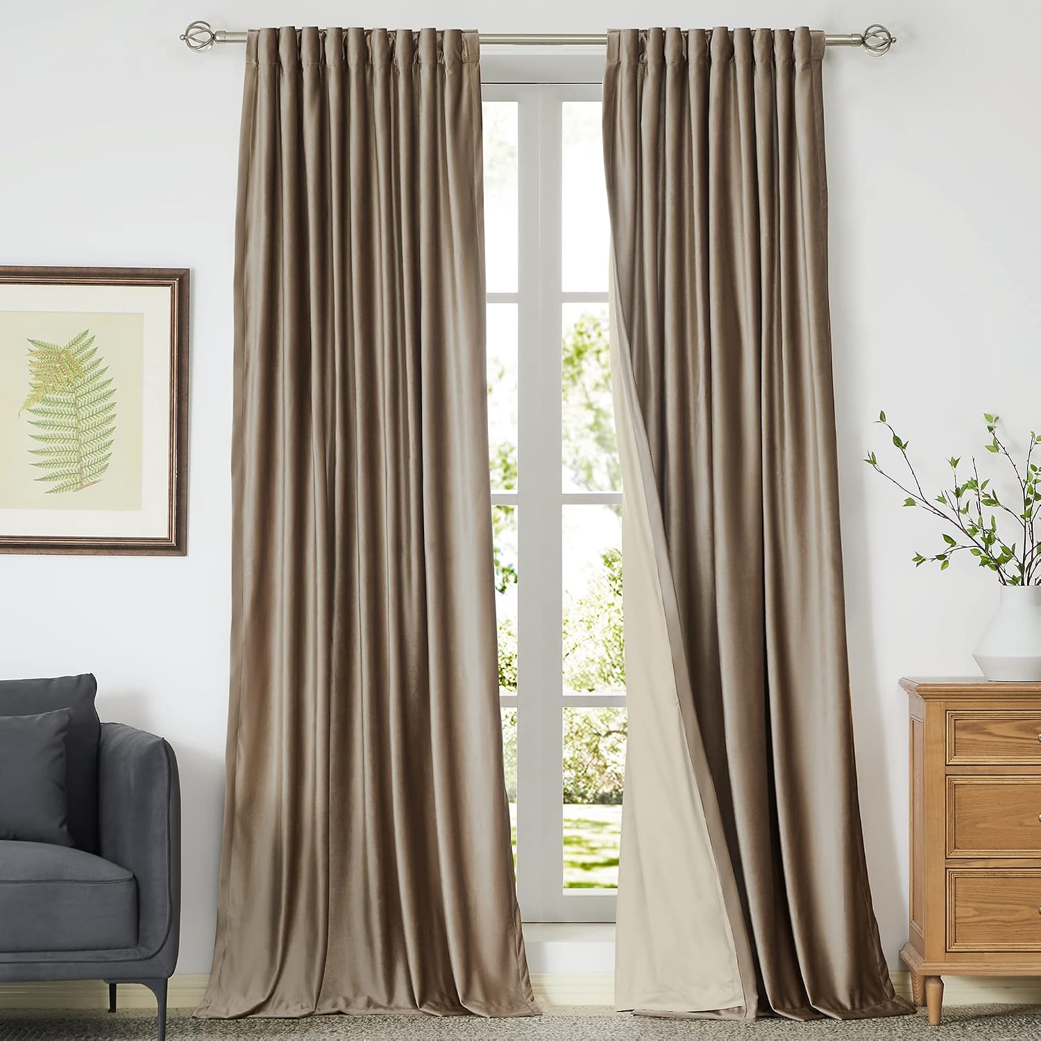 Taupe Velvet 84 Inch Blackout 2 Panels Window Curtains
