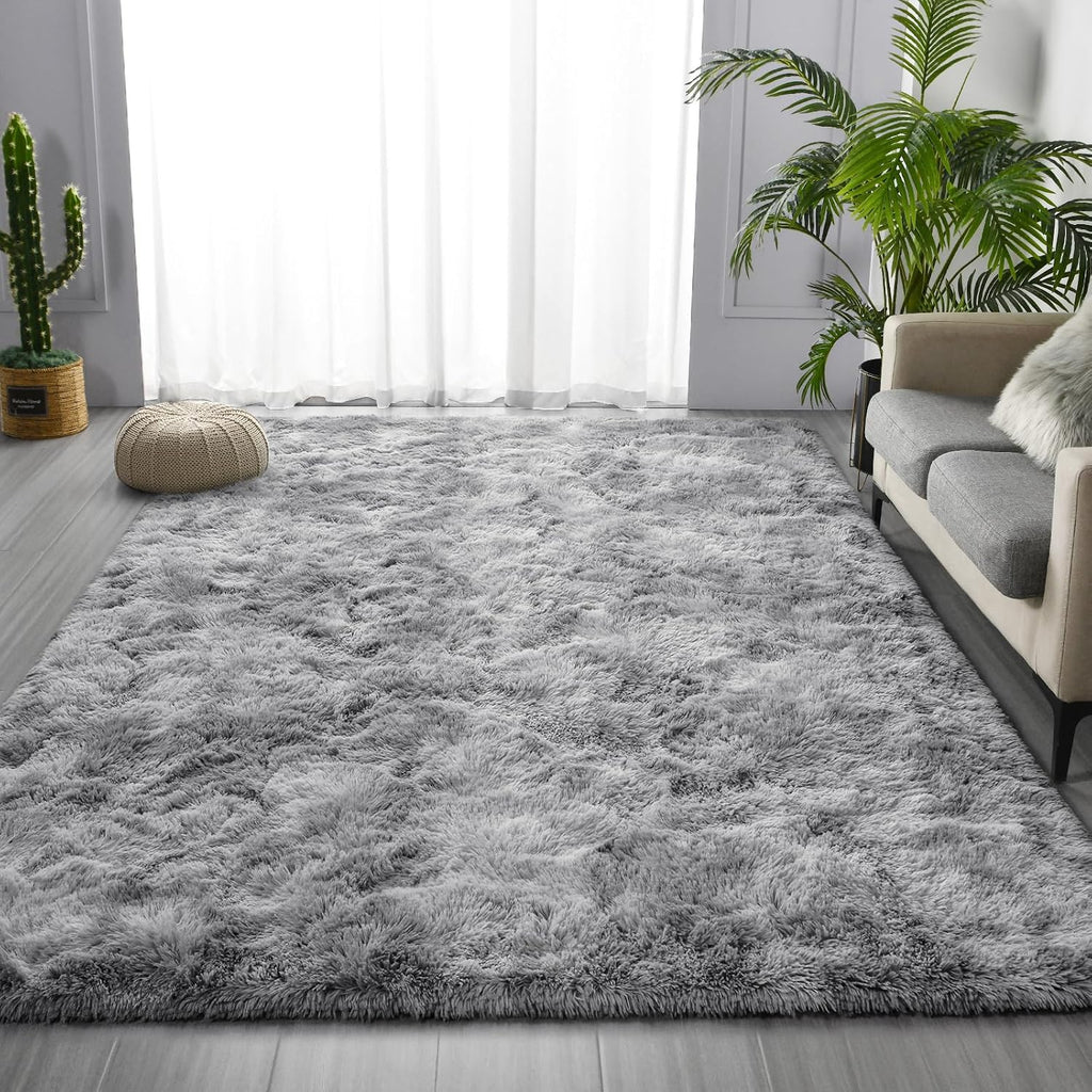 Light Grey Tie-Dyed 6x9 Plush Shag Area Rug