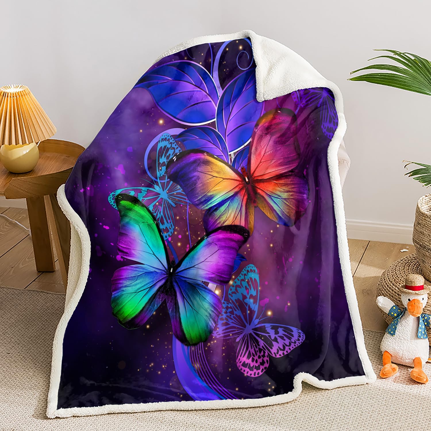 Deep Purple Sparkly Butterfly Sherpa Throw Blanket