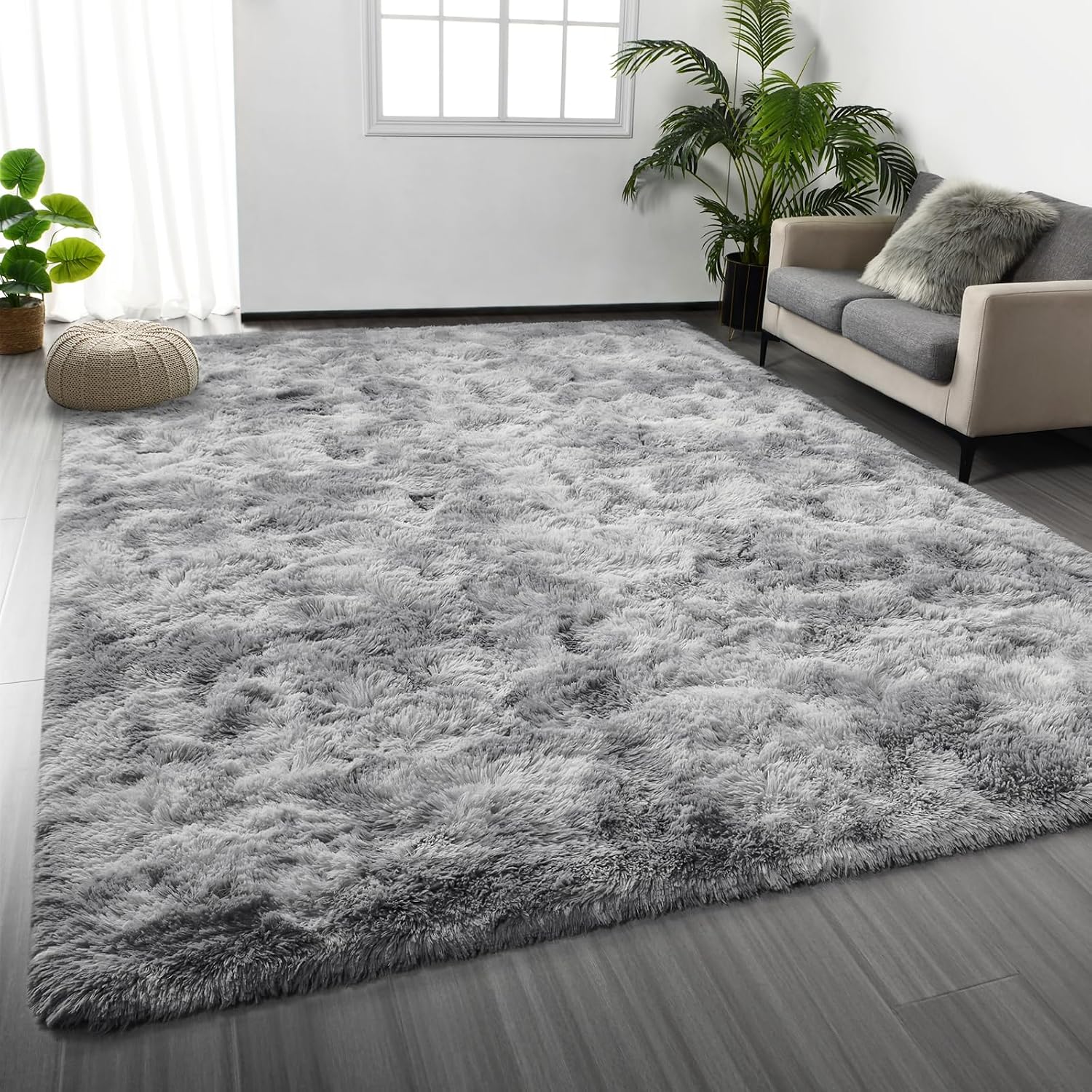 Light Grey Tie-Dyed 6x9 Plush Shag Area Rug