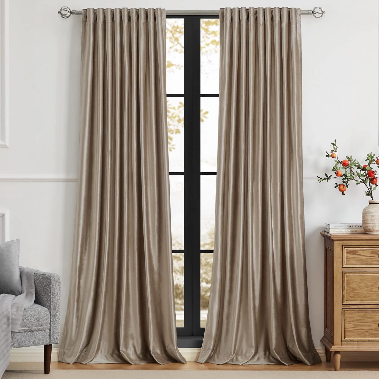 Taupe Velvet 84 Inch Blackout 2 Panels Window Curtains