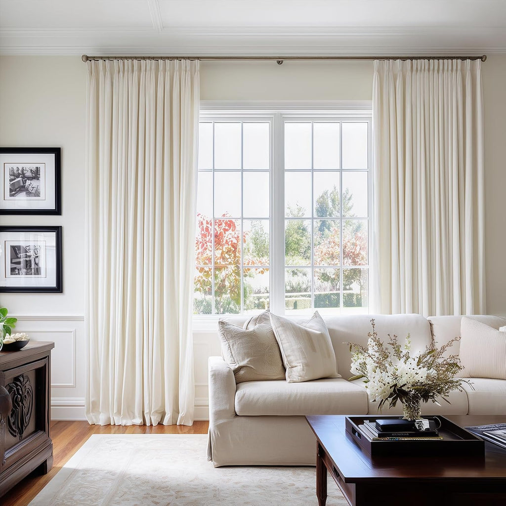 Neutral Beige White 40"X92" Velvet Pinch Pleated 2 Panels Curtains