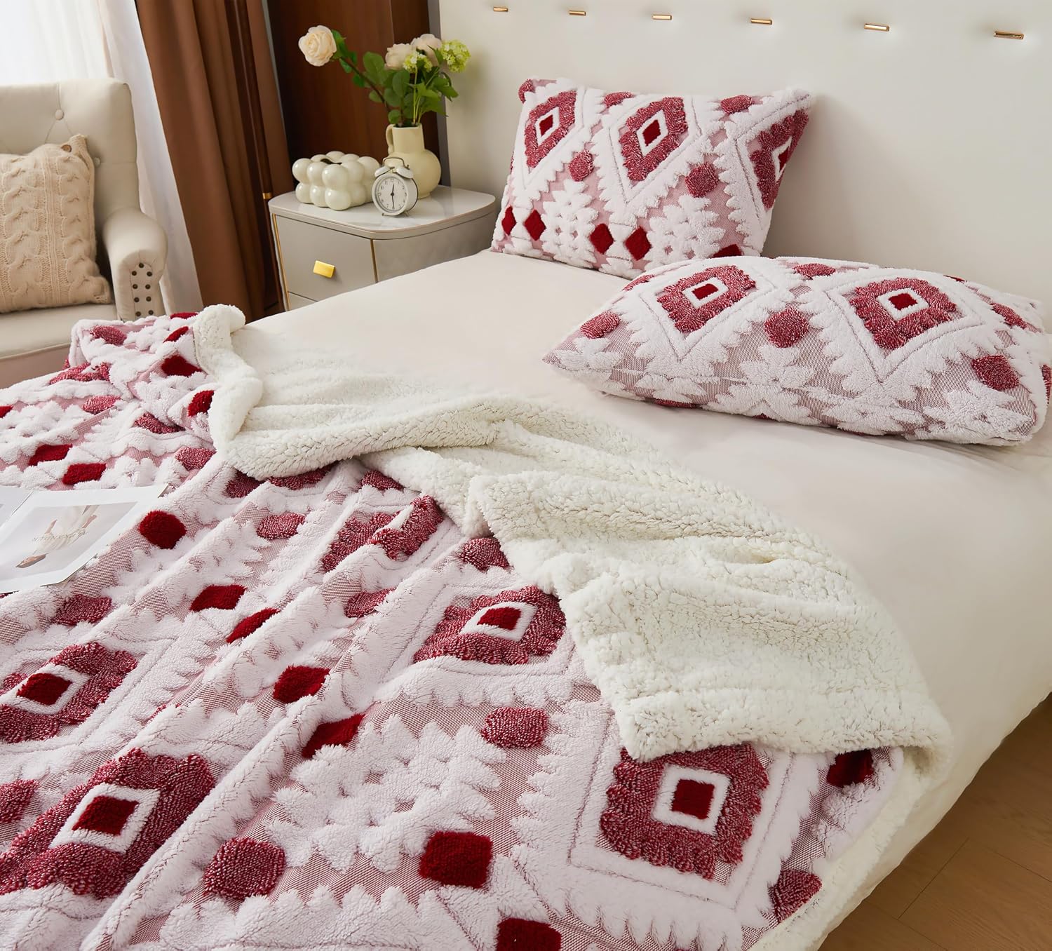 Rose Red Boho Aztec Sherpa Queen Blanket