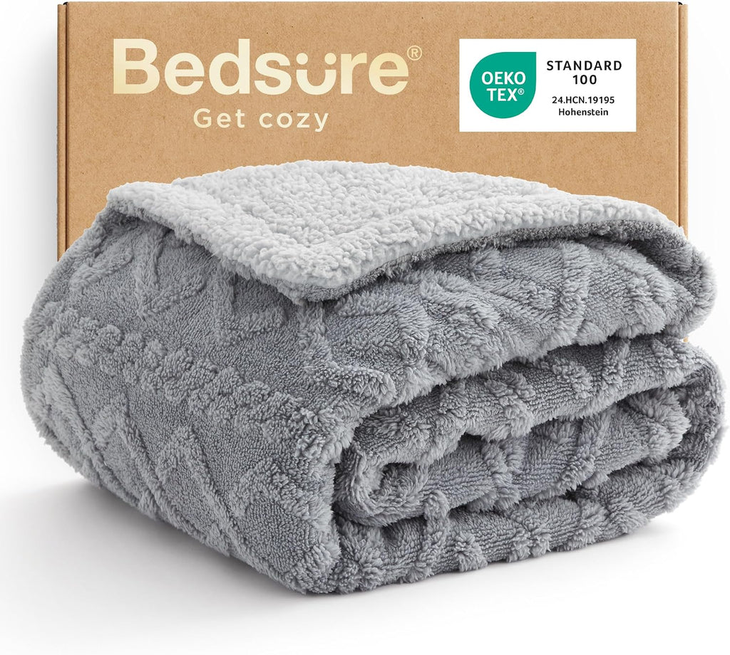 Grey Cable Jacquard Gentlesoft Sherpa Throw Blanket