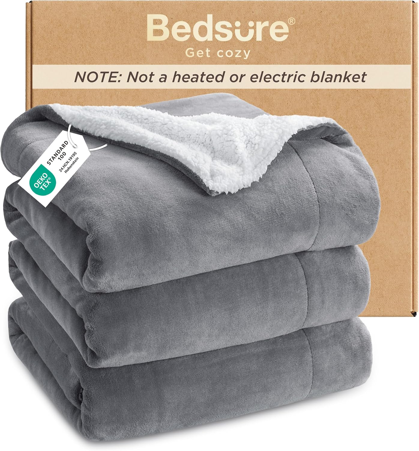 Grey Thick Warm GentleSoft Queen Sherpa Blanket
