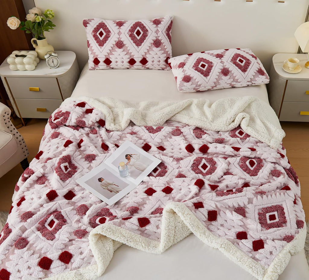 Rose Red Boho Aztec Sherpa Queen Blanket
