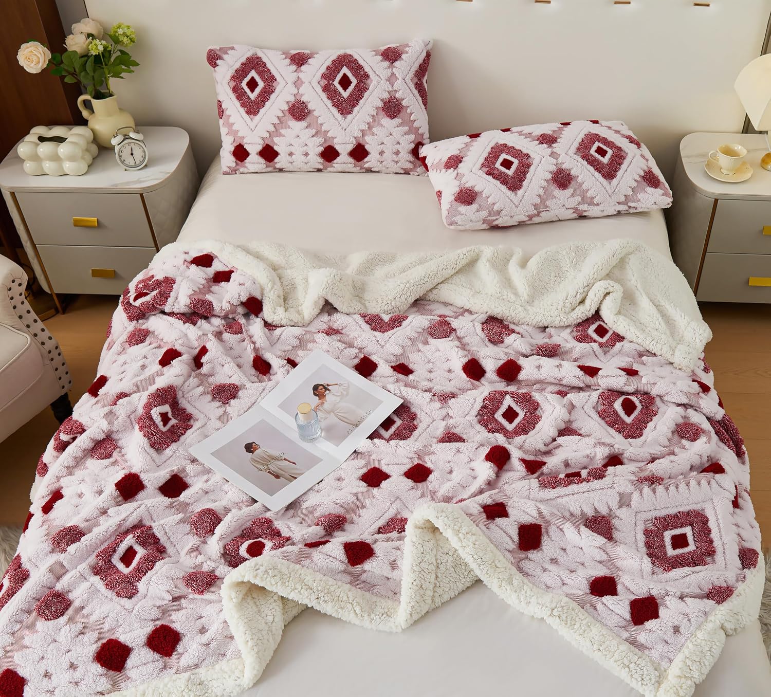 Rose Red Boho Aztec Sherpa Queen Blanket