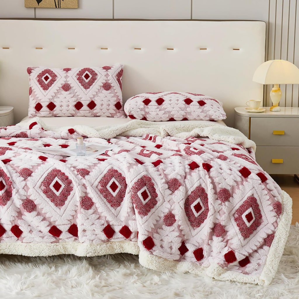 Rose Red Boho Aztec Sherpa Queen Blanket