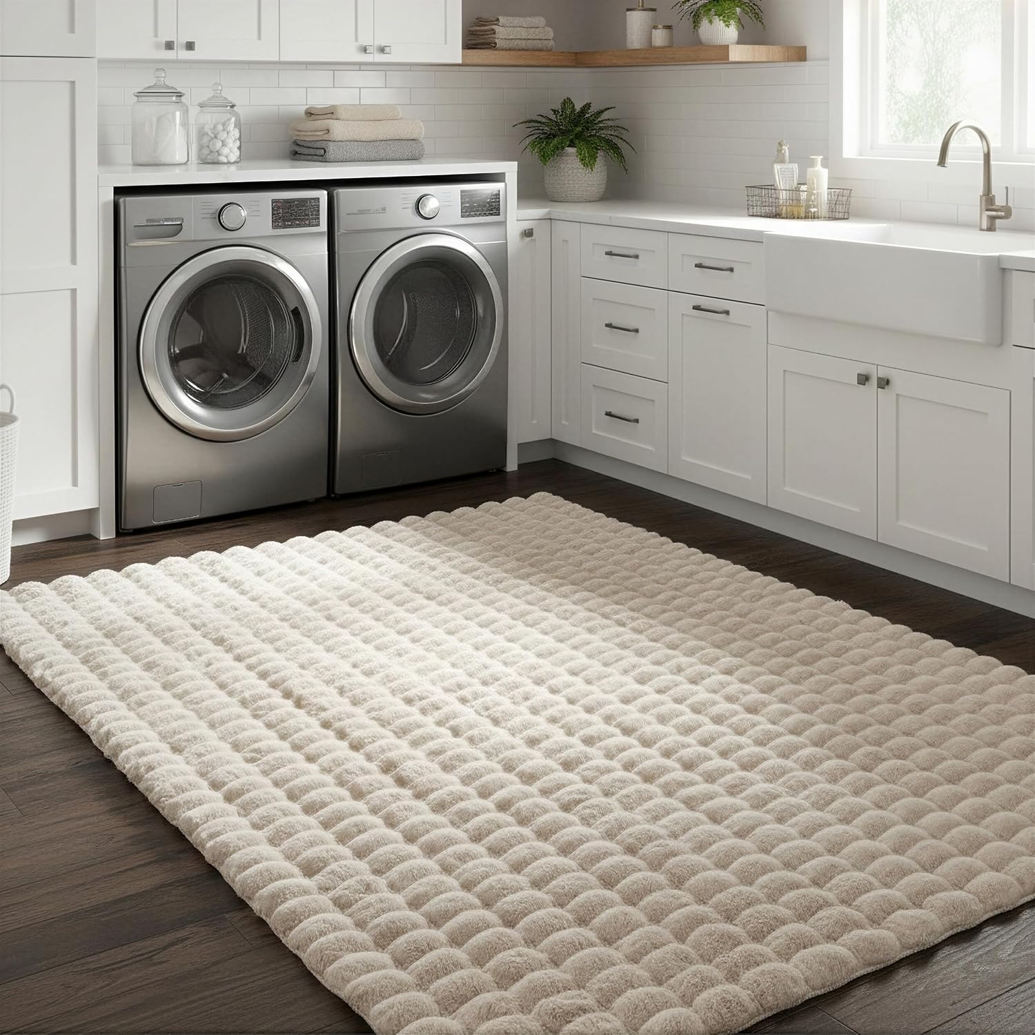 Jeni Beige Washable 5'x8' Non-Slip Plush Shag Area Rug